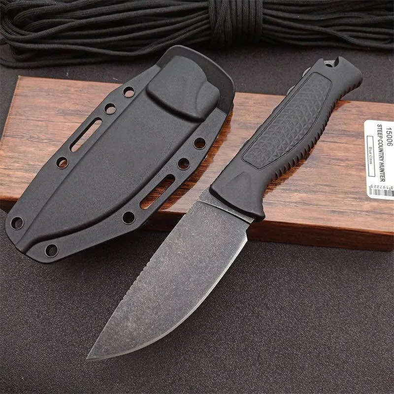 2 Modelo BM 15006 Cuchillo táctico de hoja fija Steep Country Hoja lavada a la piedra Mango de santopreno Caza al aire libre Sup
