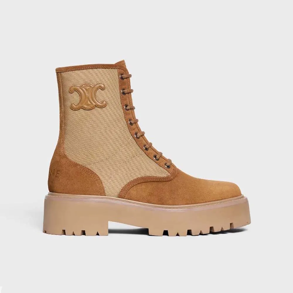 Bota Voluminosa con Cordones para Mujer Celine con Triomphe en Nailon y Piel de Becerro Ante