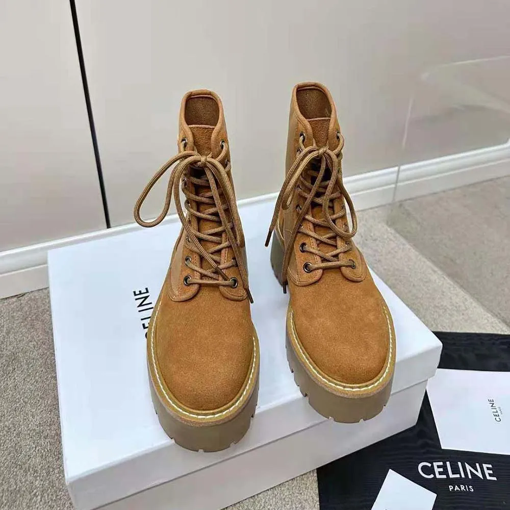 Bota Voluminosa con Cordones para Mujer Celine con Triomphe en Nailon y Piel de Becerro Ante