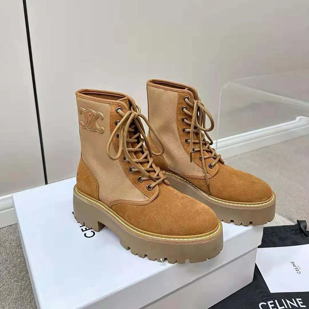Bota Voluminosa con Cordones para Mujer Celine con Triomphe en Nailon y Piel de Becerro Ante
