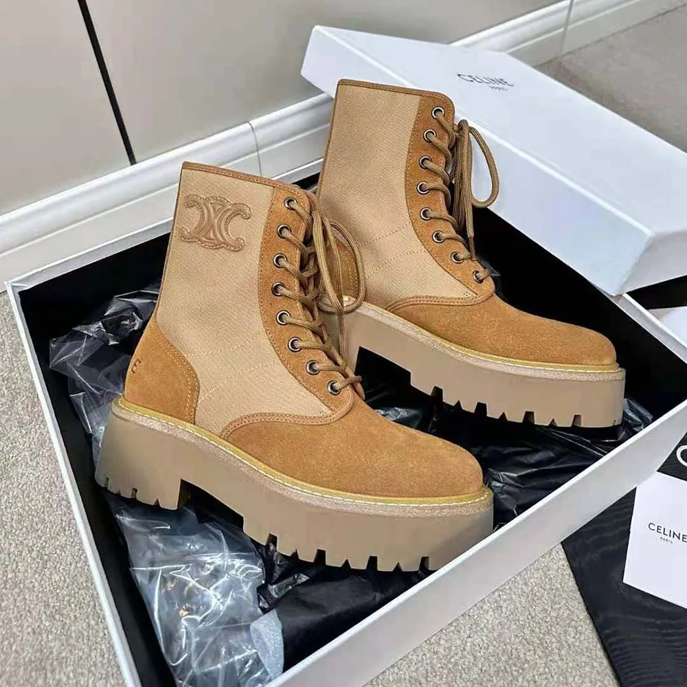 Bota Voluminosa con Cordones para Mujer Celine con Triomphe en Nailon y Piel de Becerro Ante