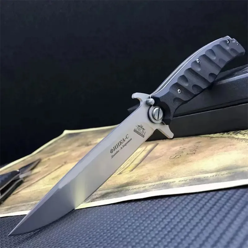 Cuchillo plegable táctico HOCK de estilo ruso de mayor calidad, hoja satinada de acero D2, mango G10, cuchillo multiherramienta 