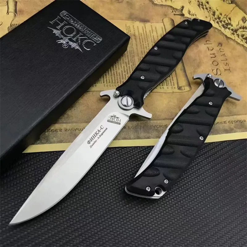 Cuchillo plegable táctico HOCK de estilo ruso de mayor calidad, hoja satinada de acero D2, mango G10, cuchillo multiherramienta 