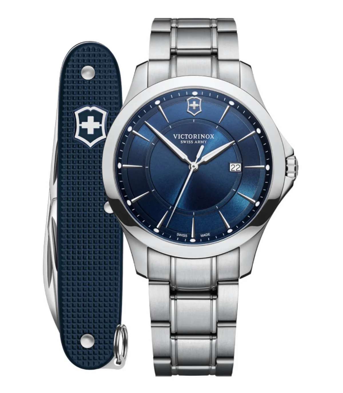 JUEGO DE RELOJ VICTORINOX ALLIANCE ACERO INOX Y ESFERA AZUL CON NAVAJA SUIZA AZUL  V241910.1