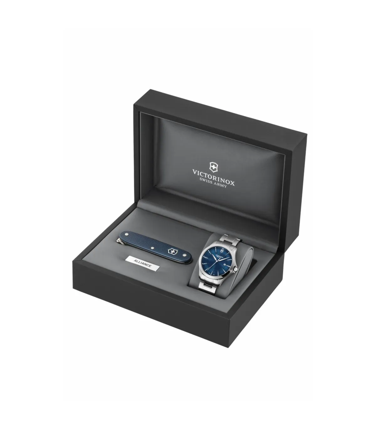 JUEGO DE RELOJ VICTORINOX ALLIANCE ACERO INOX Y ESFERA AZUL CON NAVAJA SUIZA AZUL  V241910.1