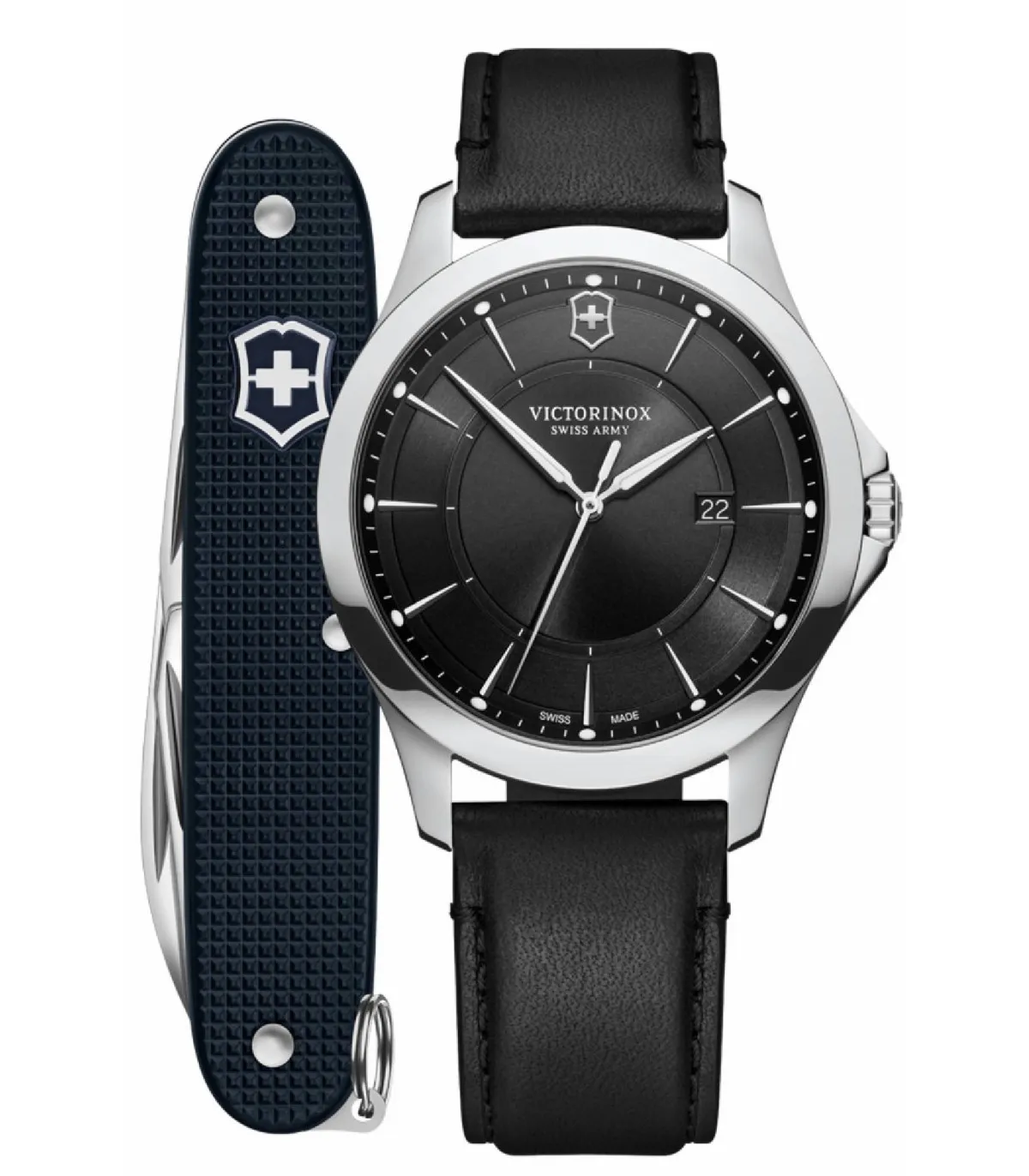 JUEGO DE RELOJ VICTORINOX ALLIANCE CORREA CUERO Y ESFERA NEGRA CON NAVAJA SUIZA NEGRA  V241904.1