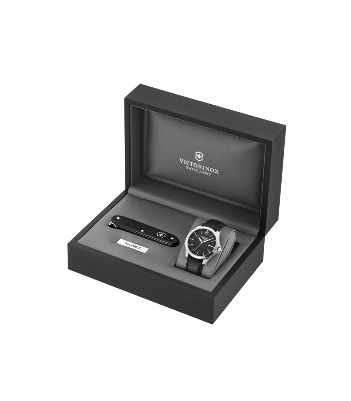 JUEGO DE RELOJ VICTORINOX ALLIANCE CORREA CUERO Y ESFERA NEGRA CON NAVAJA SUIZA NEGRA  V241904.1