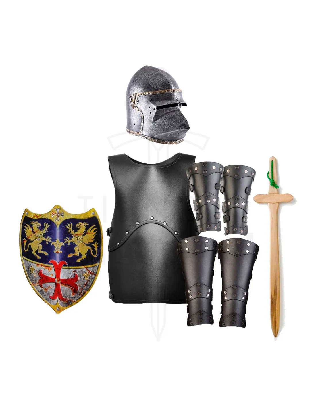 Pack premium caballero Medieval Tobias: armadura, casco, escudo y espada