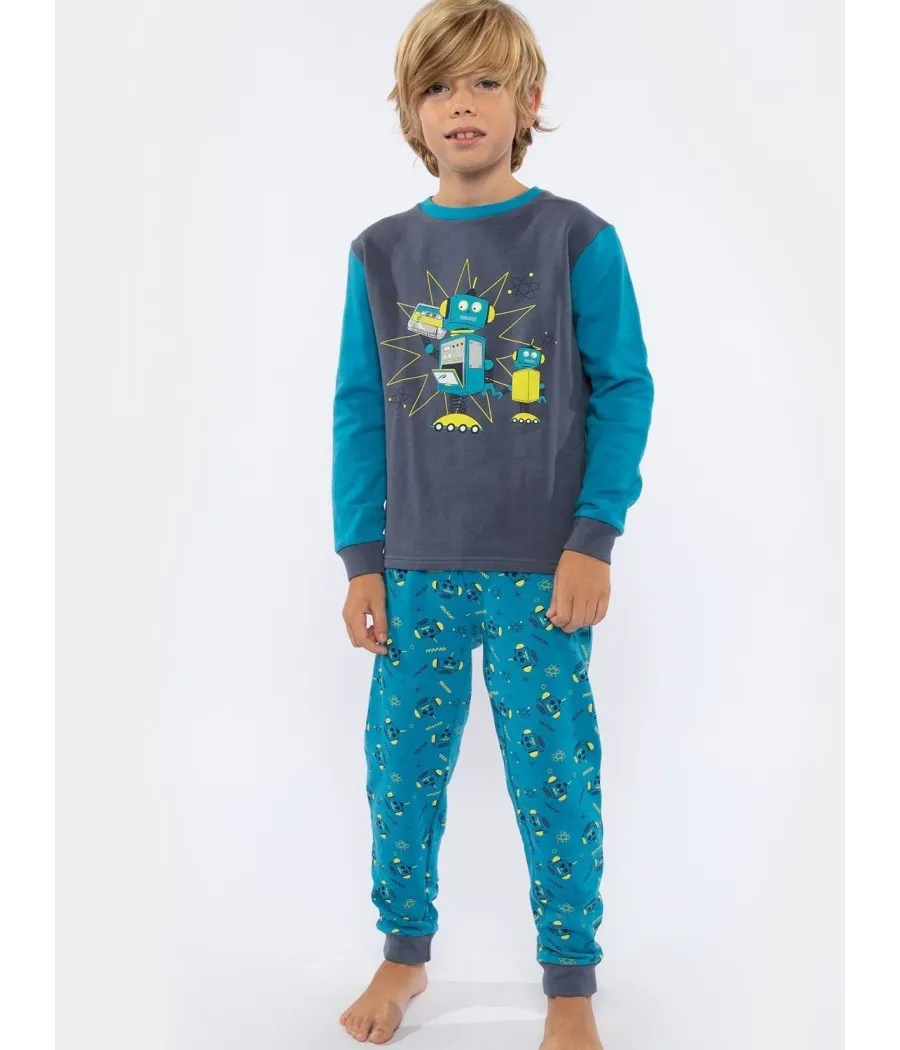 Pijama familiar largo niño Muydemi azul puños punto algodón