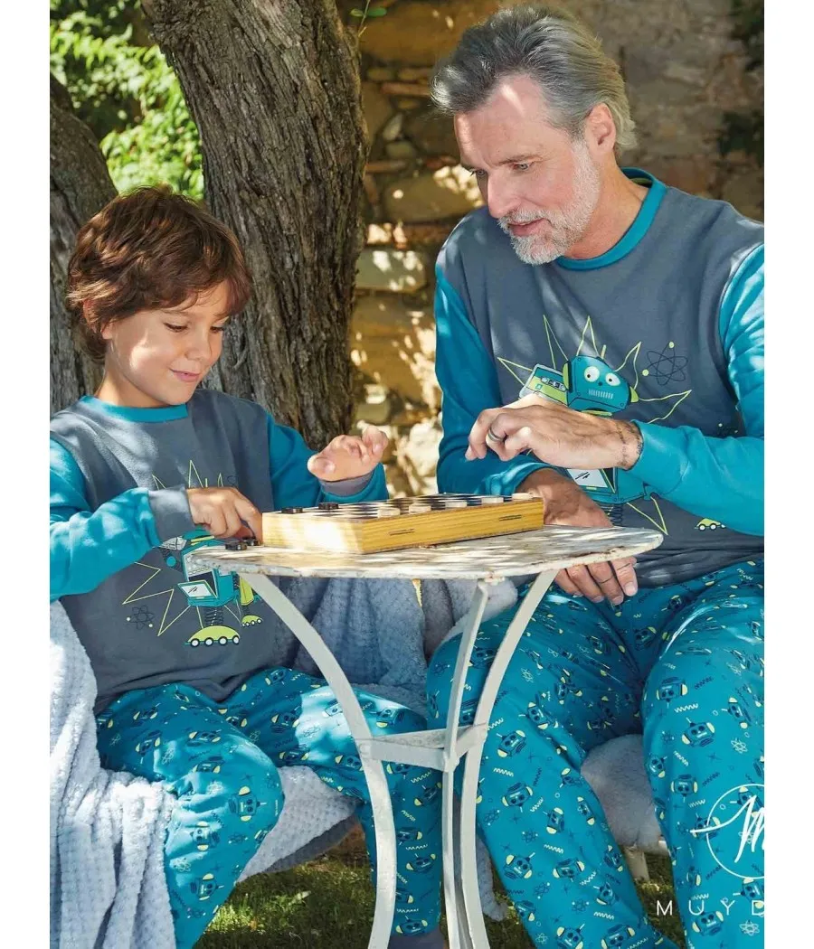 Pijama familiar largo niño Muydemi azul puños punto algodón