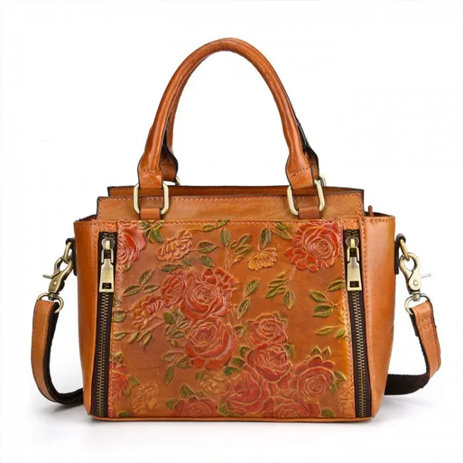 Retro Double Zippers 3D Flower Handbag Leather Vintage Shoulder Bag
