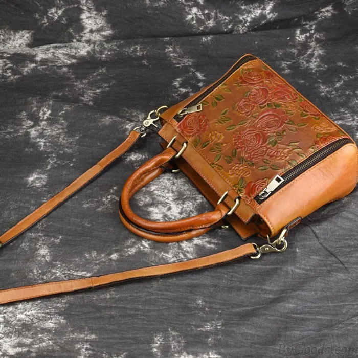 Retro Double Zippers 3D Flower Handbag Leather Vintage Shoulder Bag