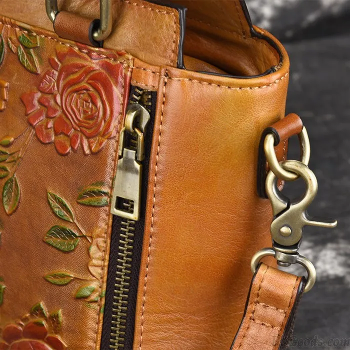 Retro Double Zippers 3D Flower Handbag Leather Vintage Shoulder Bag