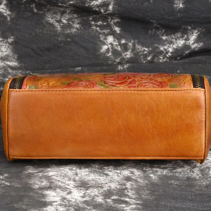 Retro Double Zippers 3D Flower Handbag Leather Vintage Shoulder Bag