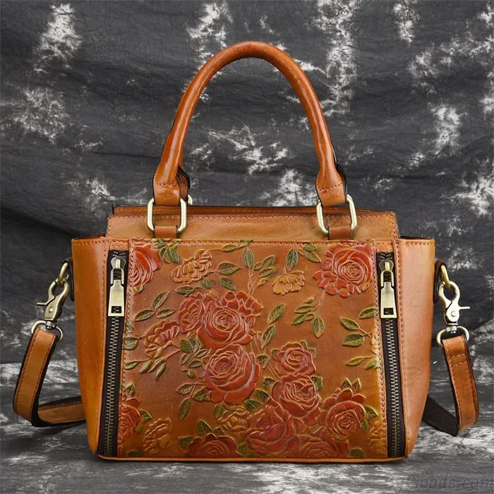 Retro Double Zippers 3D Flower Handbag Leather Vintage Shoulder Bag
