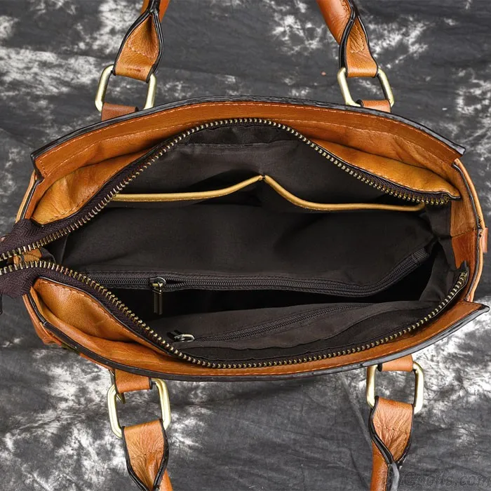 Retro Double Zippers 3D Flower Handbag Leather Vintage Shoulder Bag