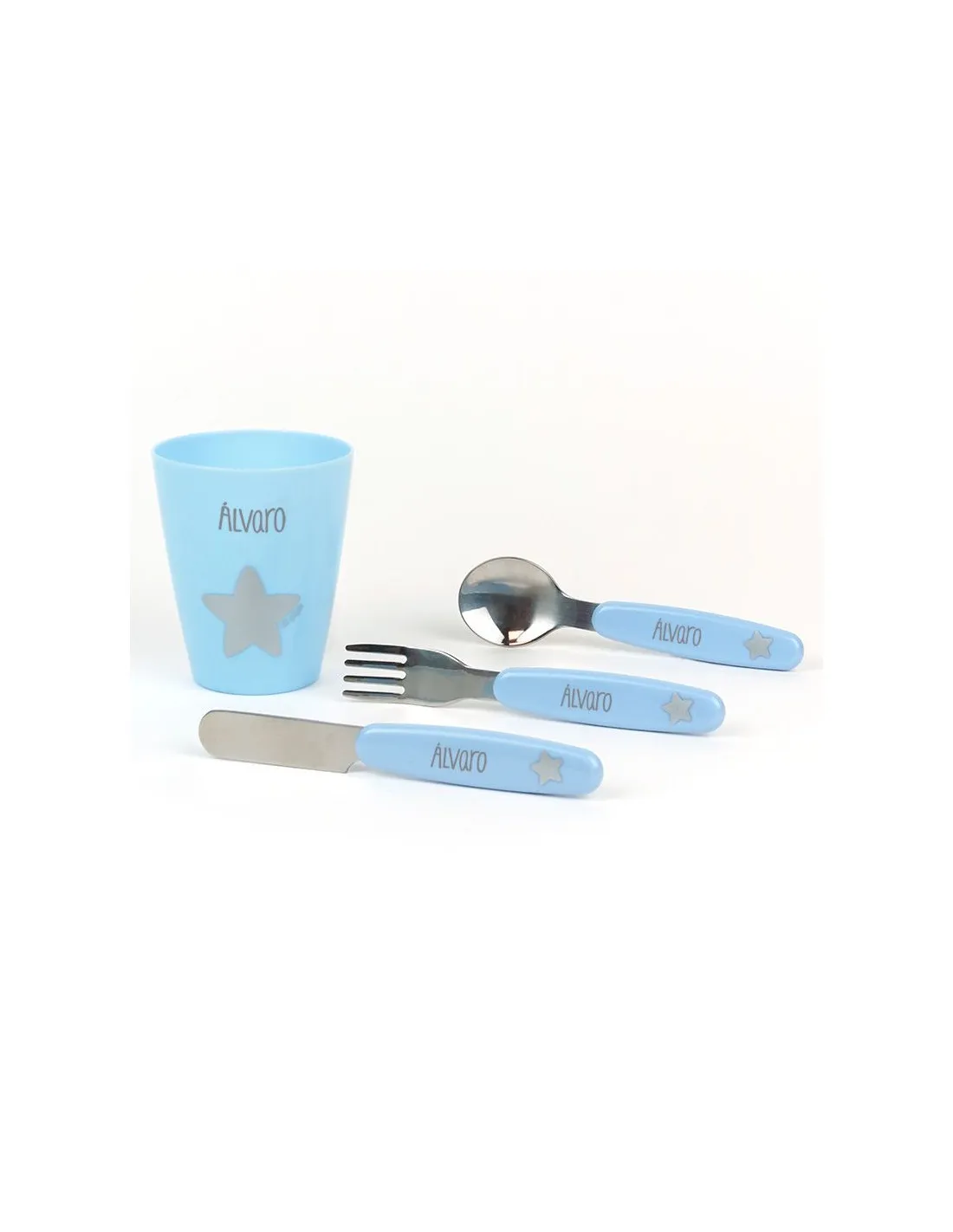 Set de vaso y cubiertos acero Azul personalizados de Mi Pipo
