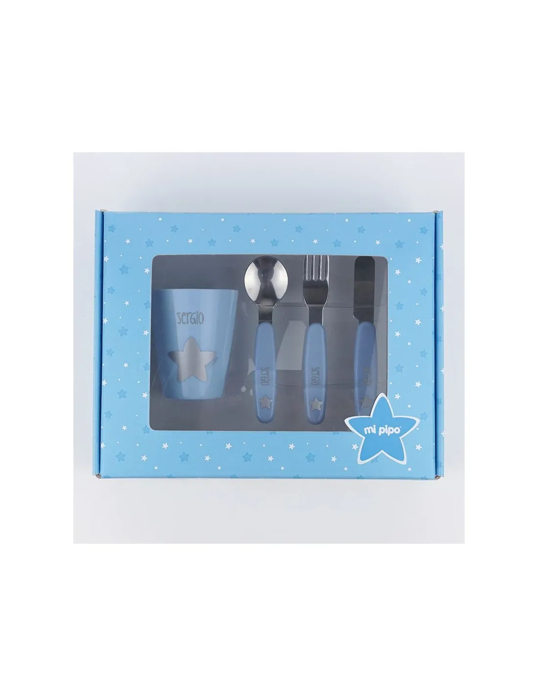 Set de vaso y cubiertos acero Azul personalizados de Mi Pipo