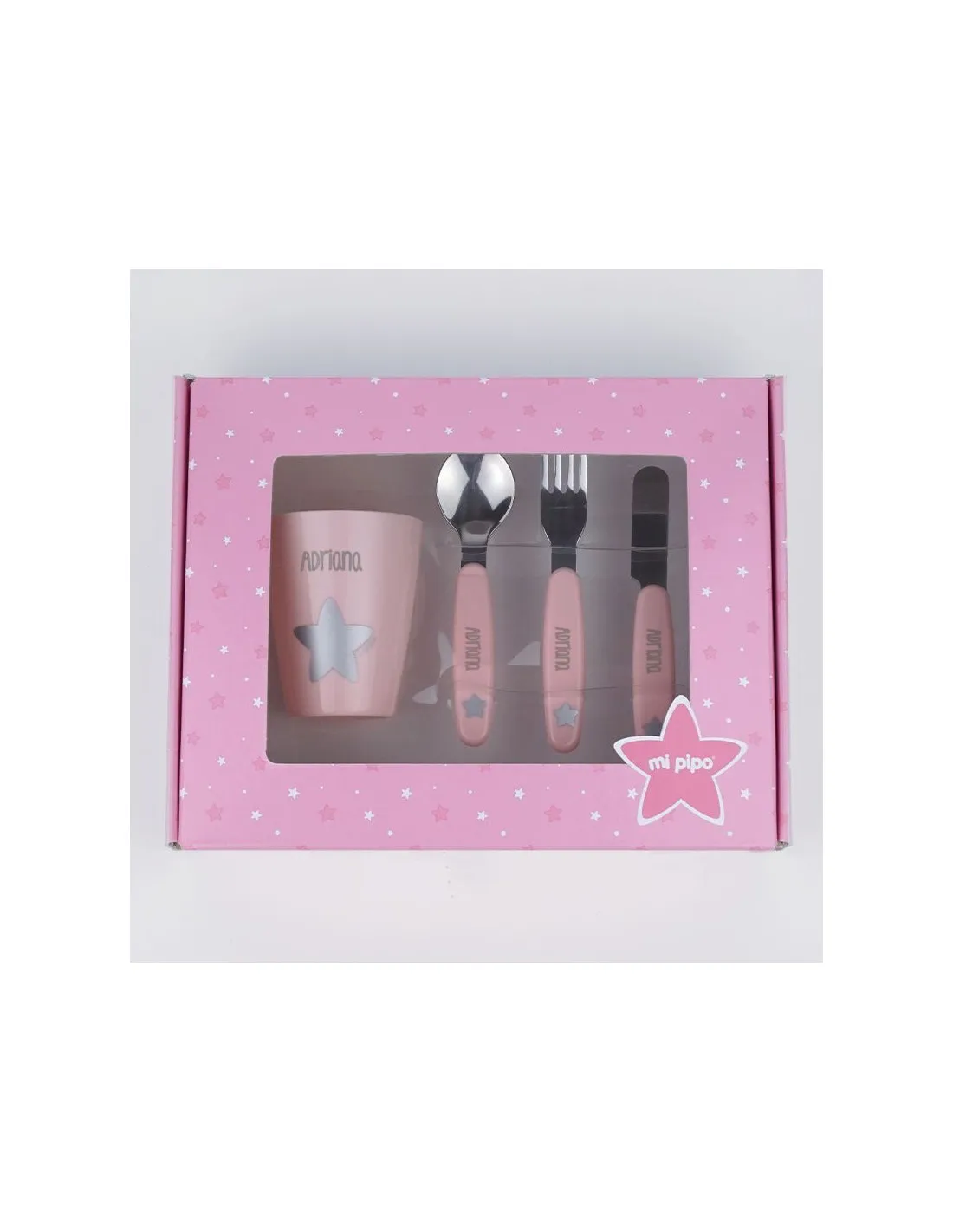 Set de vaso y cubiertos acero rosa personalizados de Mi Pipo