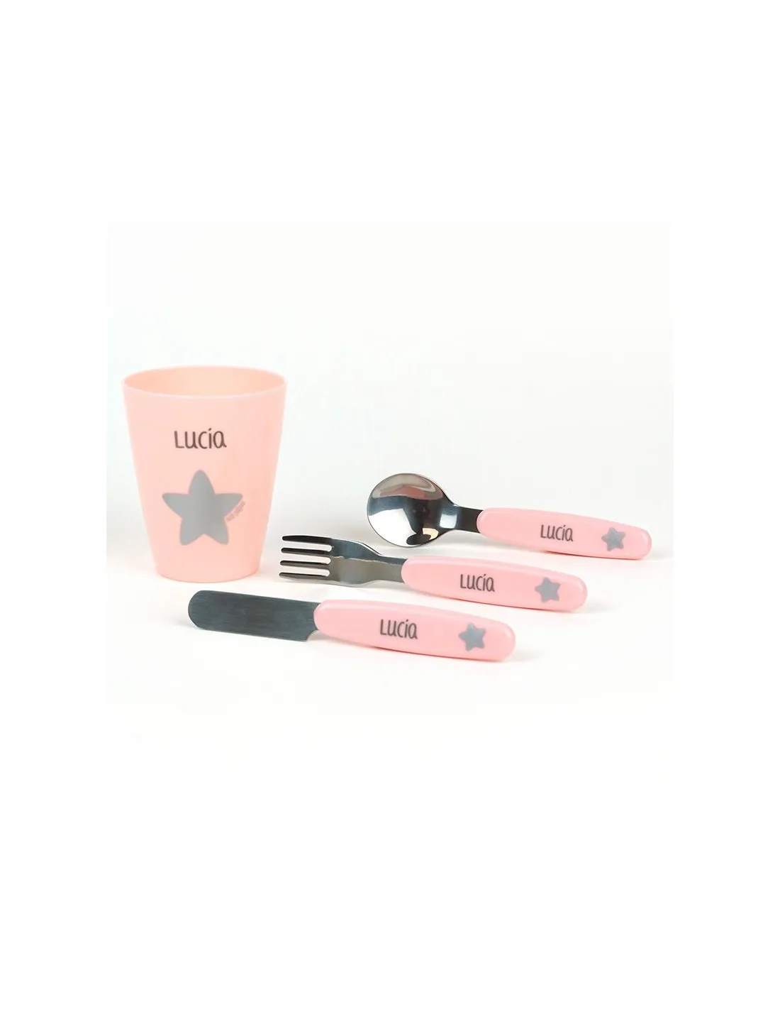 Set de vaso y cubiertos acero rosa personalizados de Mi Pipo