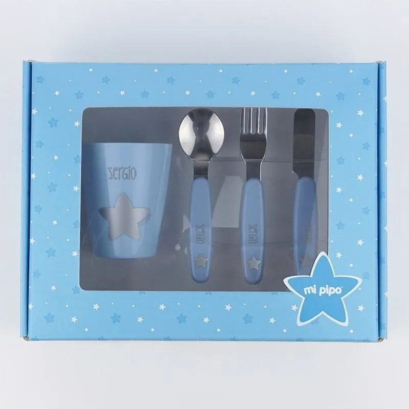 Set vaso y cubiertos bebé Azul
