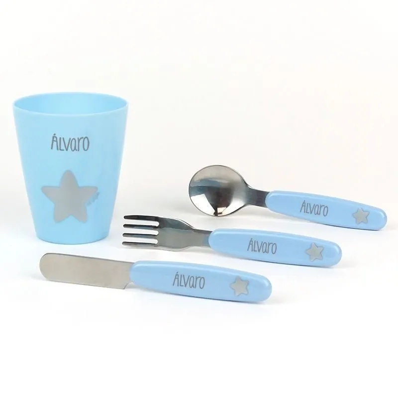 Set vaso y cubiertos bebé Azul