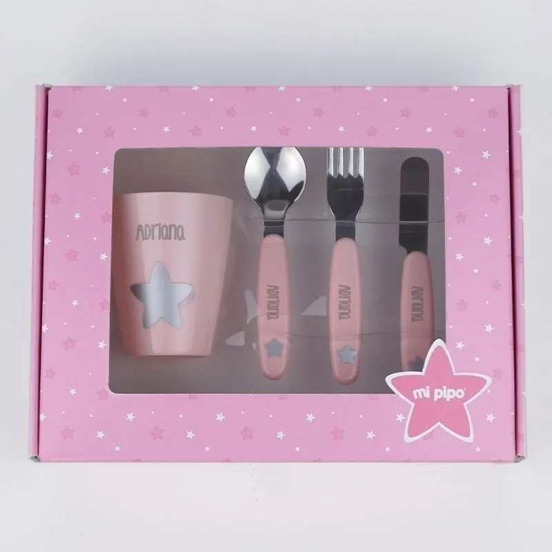 Set vaso y cubiertos bebé rosa