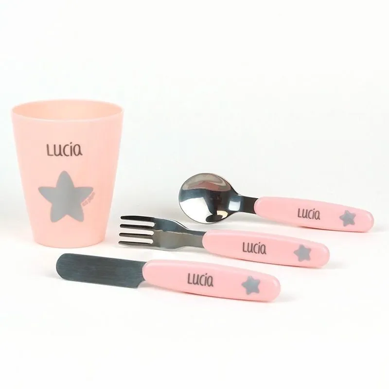 Set vaso y cubiertos bebé rosa
