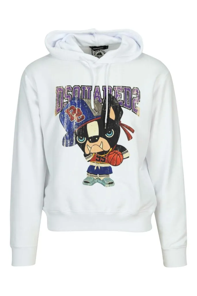 Sudadera blanca con capucha y maxilogo perro baloncesto