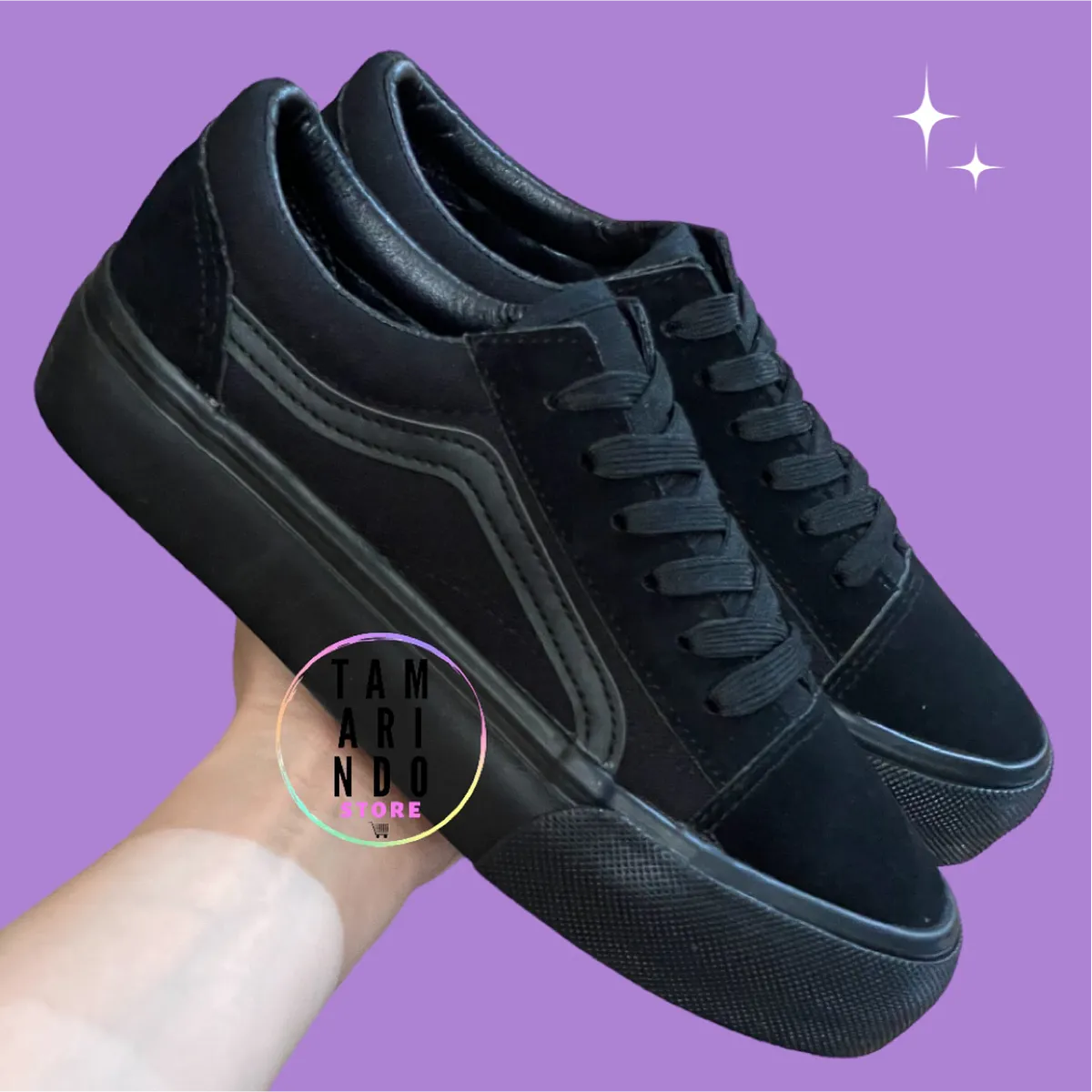 Zapatillas lona negro entero sin plataforma D08